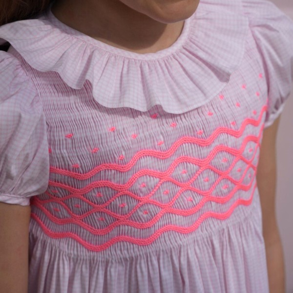 Katherine Johnson Dress Pink Grid Cotton with Strawberrylicious Hand Smocking