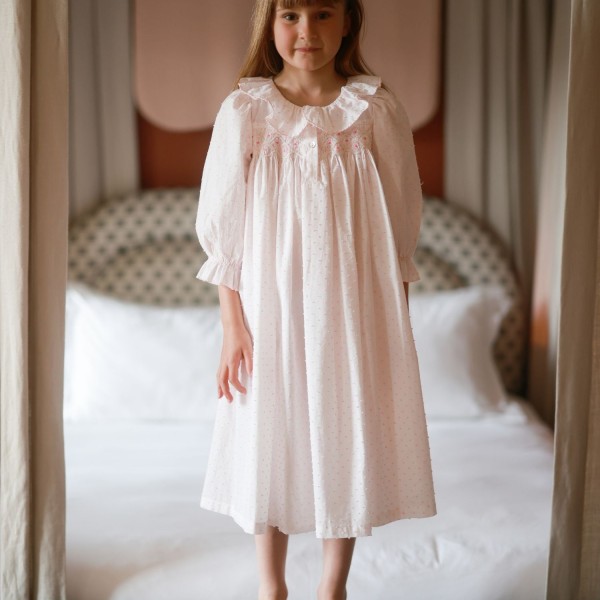 Nightingale Girl's Dress Powder Puff Plumetti with Marshmallow Hand Smocking Nightingale Girl's Dress Powder Puff Plumetti with Marshmallow Hand Smocking