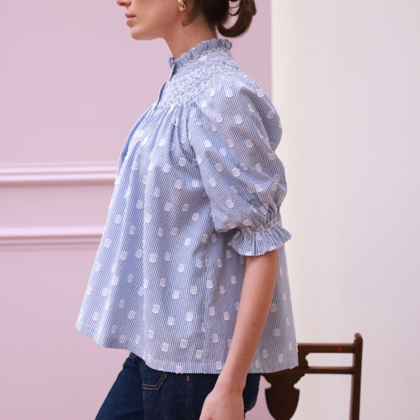 Scholl Blouse Bubble Weave Cotton with Double Cream Hand Smocking Edition 60