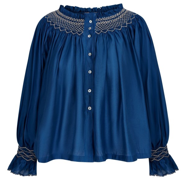 Cleopatra Blouse Cobalt Silk Cotton Sapphire with Vanilla Hand Smocking Edition 33