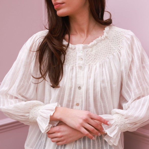 Cleopatra Blouse White Stripe Cotton Muslin with milk Hand Smocking Edition 37
