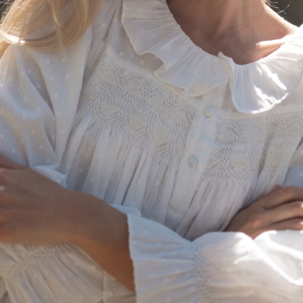 Nightingale Women's Dress Cloud Puff Plumetti with Ivory Hand Smocking