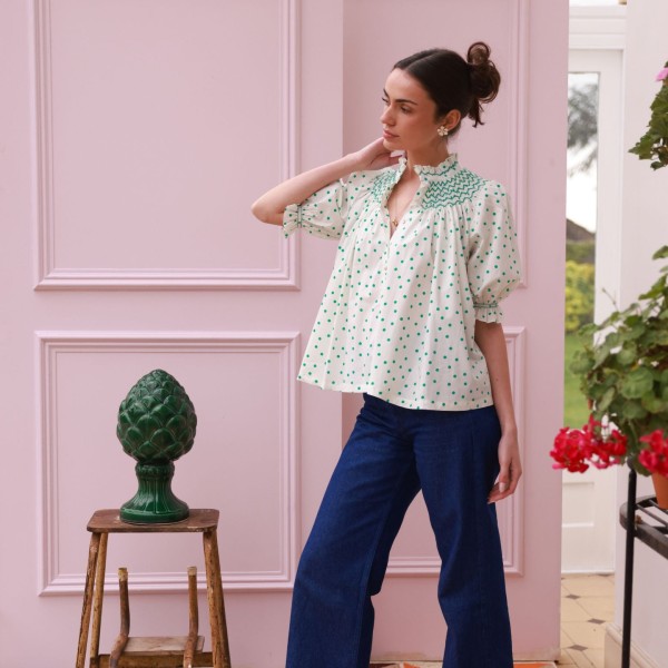 Scholl Blouse Frog Polka cotton with Jade Hand Smocking Edition 59 Scholl Blouse Frog Polka cotton with Jade Hand Smocking Edition 59