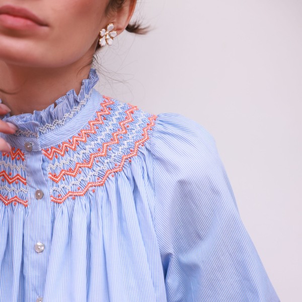 Scholl Blouse Oxford Stripe with Orange Blossom Hand Smocking Edition 62 Scholl Blouse Oxford Stripe with Orange Blossom Hand Smocking Edition 62