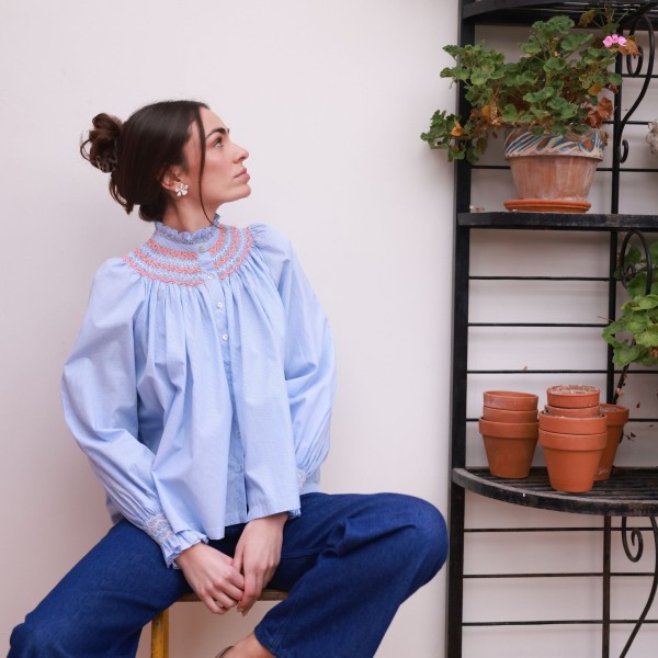 Scholl Blouse Oxford Stripe with Orange Blossom Hand Smocking Edition 62 Scholl Blouse Oxford Stripe with Orange Blossom Hand Smocking Edition 62
