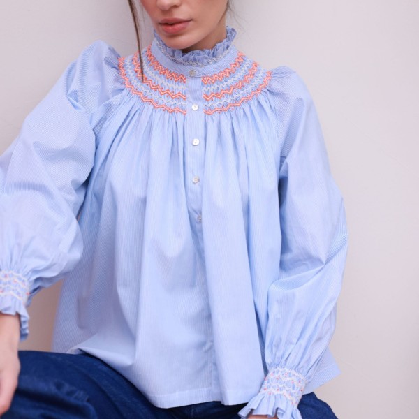 Scholl Blouse Oxford Stripe with Orange Blossom Hand Smocking Edition 62 Scholl Blouse Oxford Stripe with Orange Blossom Hand Smocking Edition 62