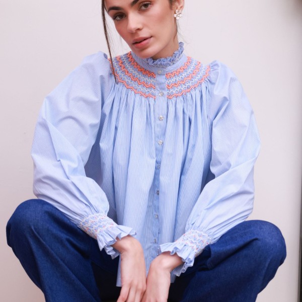 Scholl Blouse Oxford Stripe with Orange Blossom Hand Smocking Edition 62 Scholl Blouse Oxford Stripe with Orange Blossom Hand Smocking Edition 62