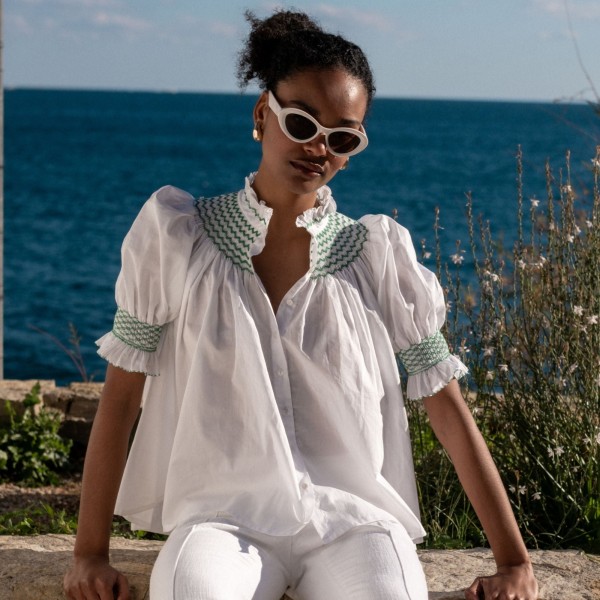 Scholl Women's Summer Blouse White with Green Apple Hand Smocking Scholl Women's Summer Blouse White with Green Apple Hand Smocking