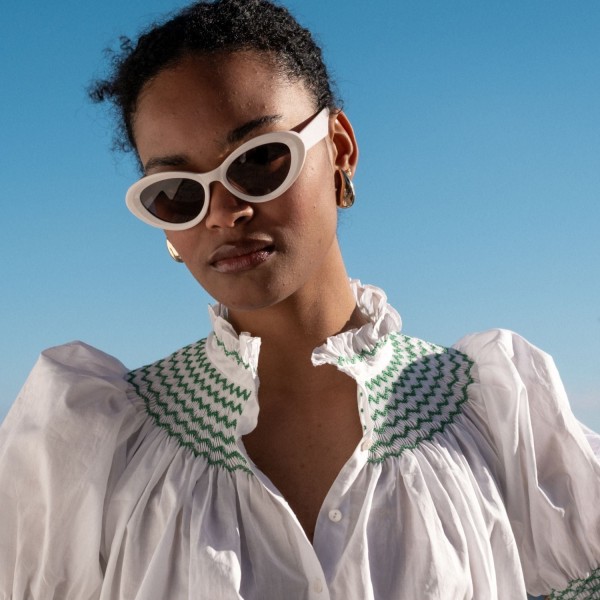 Scholl Women's Summer Blouse White with Green Apple Hand Smocking Scholl Women's Summer Blouse White with Green Apple Hand Smocking