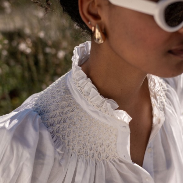 Scholl Women's Summer Blouse White with Ivory Hand Smocking Edition 9 Scholl Women's Summer Blouse White with Ivory Hand Smocking Edition 9