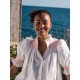 Scholl Women's Summer Blouse White with Coral Hand Smocking Scholl Women's Summer Blouse White with Coral Hand Smocking